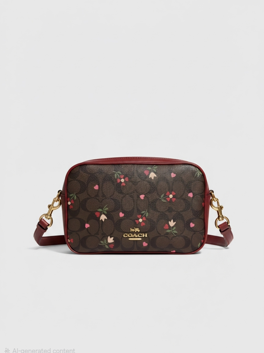 Coach Brown Floral Signature Camera Bag with Red Trim